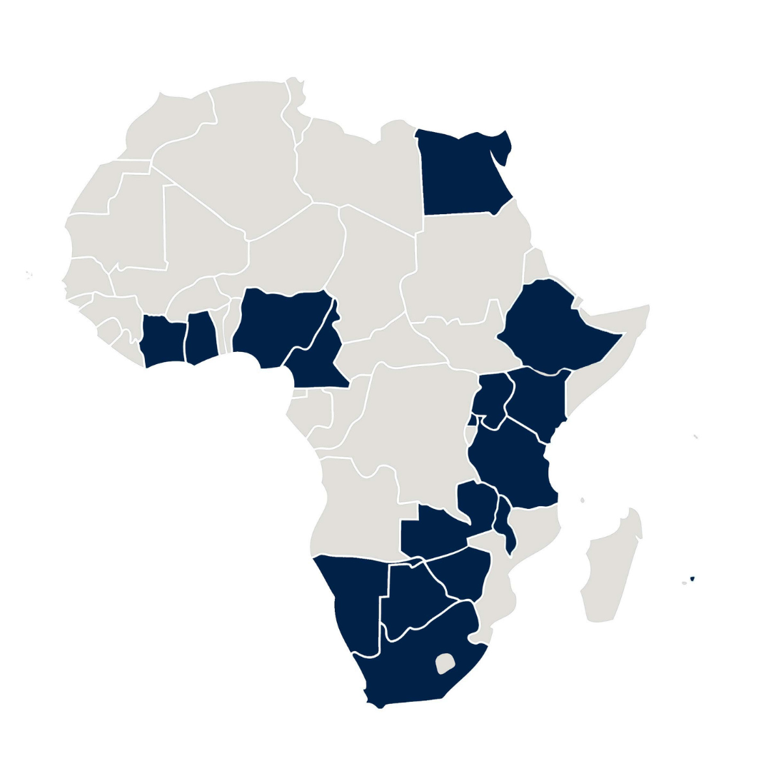 Map of Africa with 16 countries highlighted. 